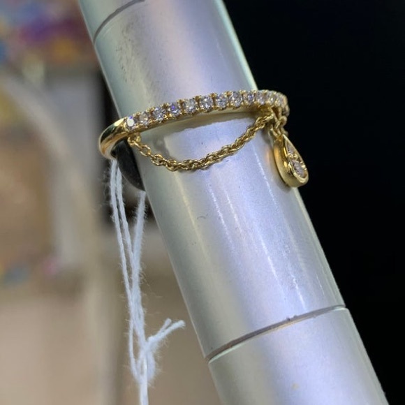 14K Yellow Gold Diamond Band and Chain Dangle Ring - Picture 4 of 7
